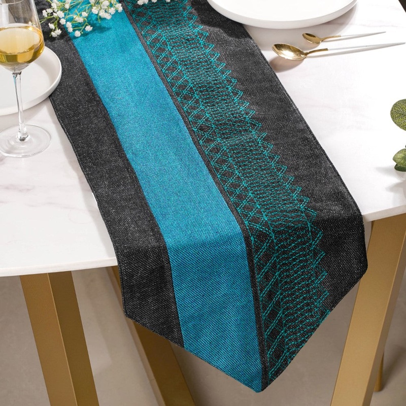 Embroidered Two Colour Jute Table Runner Blue Black 72 Inch