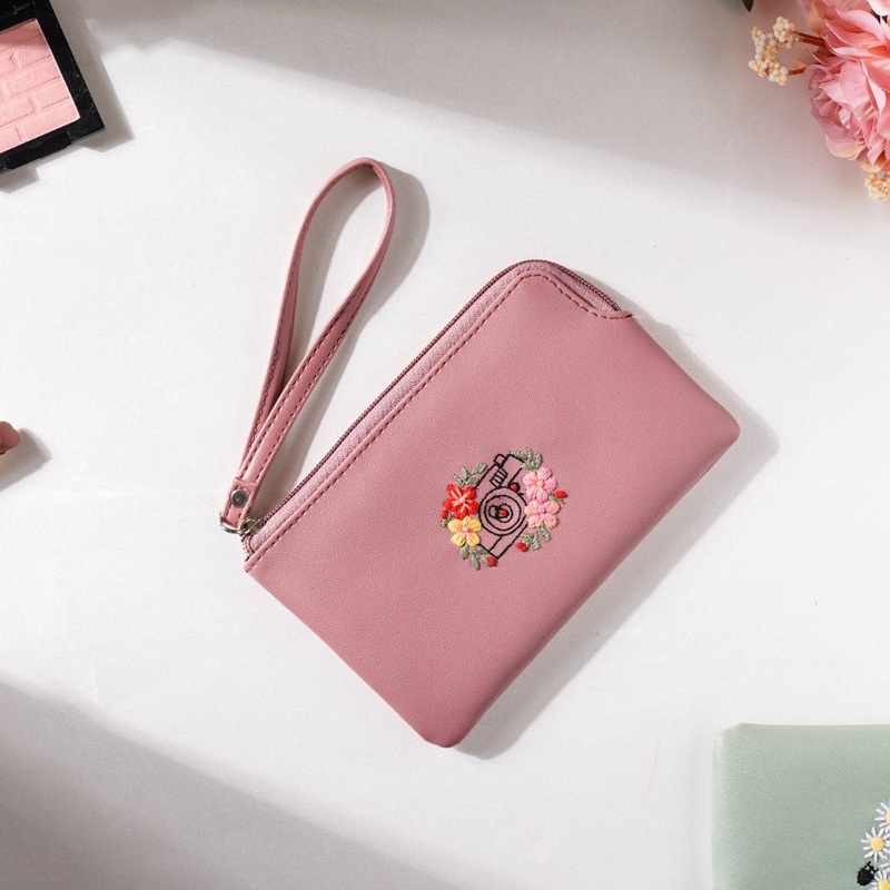 Floral Camera Embroidered Wristlet Pink
