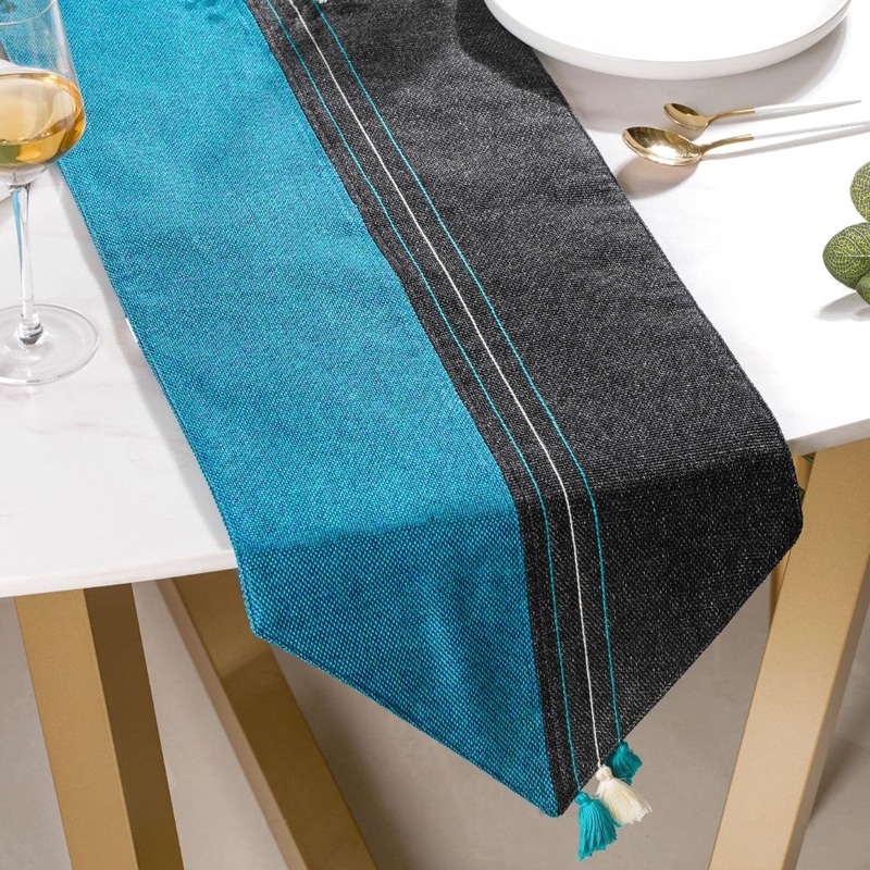 Organic Jute Table Runner Black Blue 72 Inch