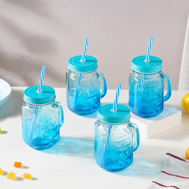 Tutti Frutti Set of 4 Glass Mug Blue with Lid and Straw 400ml
