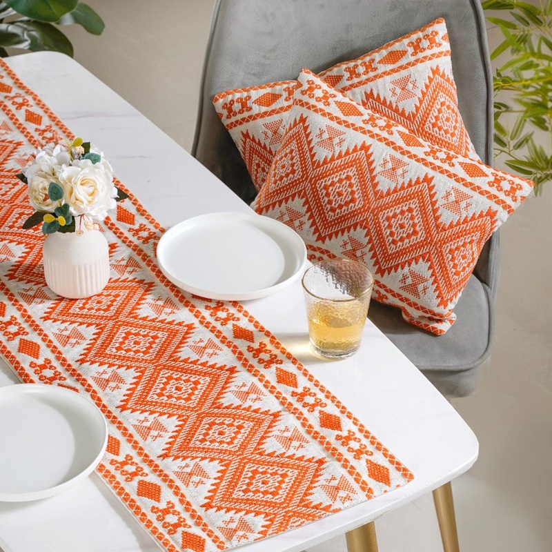 Festive Jacquard Cushion Cover And Runner Orange Set Of 3