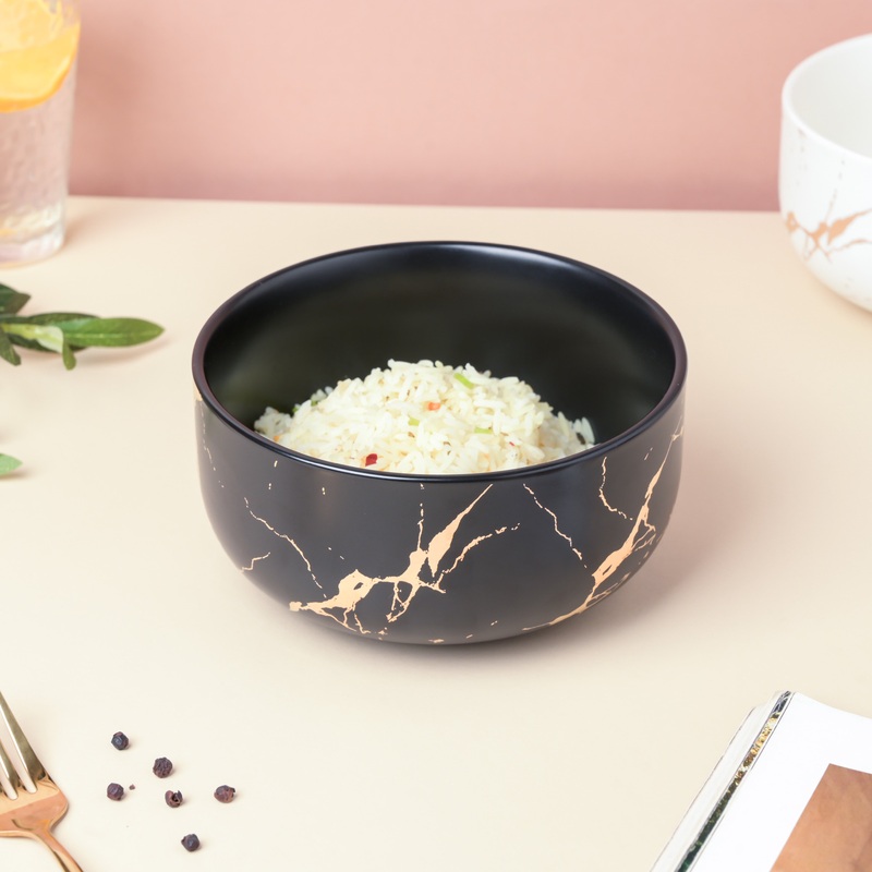 Gold Detailed Marble Ceramic Serving Bowl Black