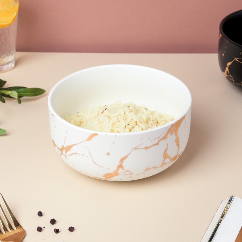 Gold Detailed Marble Ceramic Serving Bowl White