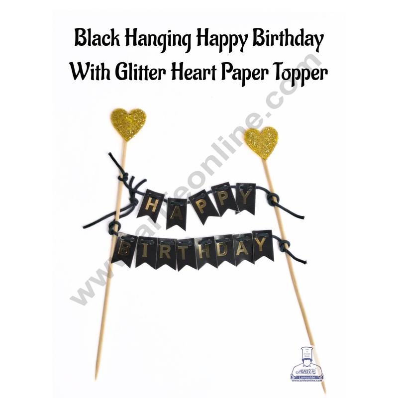 Black Hanging Happy Birthday With Glitter Heart Paper Topper For Cake( 1pc ) CAKE DECOR