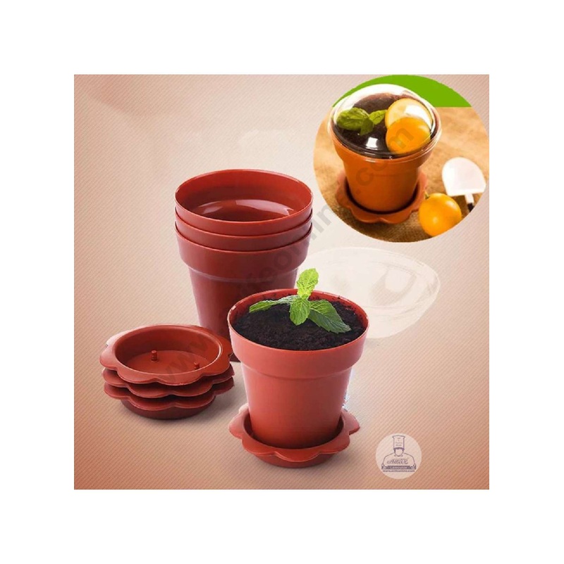 CAKE DECOR  Brown Flower Pot Shape Mousse Cups with Lids (Pack of 10)