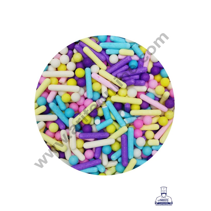 CAKE DECOR Sugar Candy - Pastel Colour Jimmies with Balls Sprinkles and Candy - 100 gm