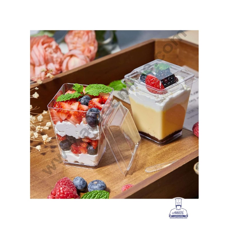 CAKE DECOR Square Cylindrical Transparent Acrylic Mousse Cup With Lid | Pudding Cup | Parfait Cup (10 Pcs Pack)