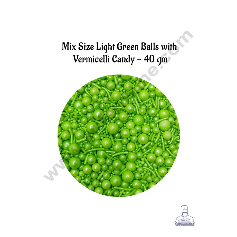 CAKE DECOR Sugar Candy  Mix Size Light Green Balls with Vermicelli Candy  40 gm