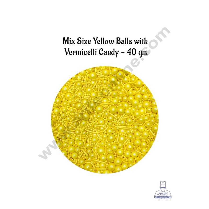 CAKE DECOR Sugar Candy  Mix Size Yellow Balls with Vermicelli Candy  40 gm