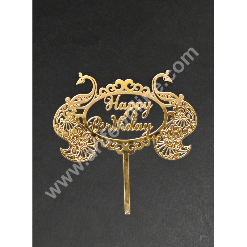 5 inch Golden Acrylic Happy Birthday With Peacock Design Cut-Out Cake Topper Cake Decoration Dessert Decoration - CAKE DECOR
