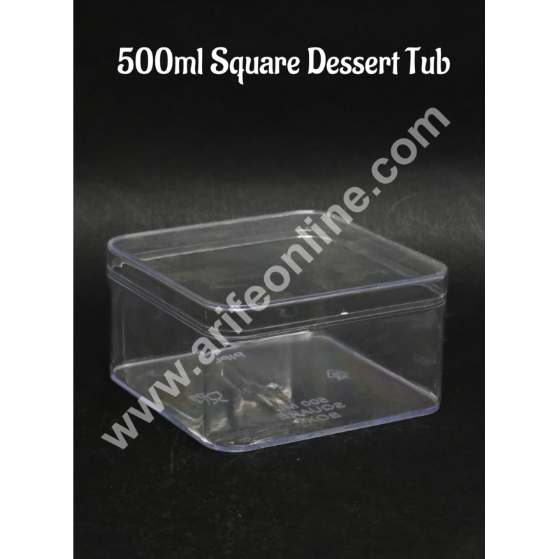 500ml Transparent Acrylic Dessert Square Tub With Lid (Pack of 1) - CAKE DECOR