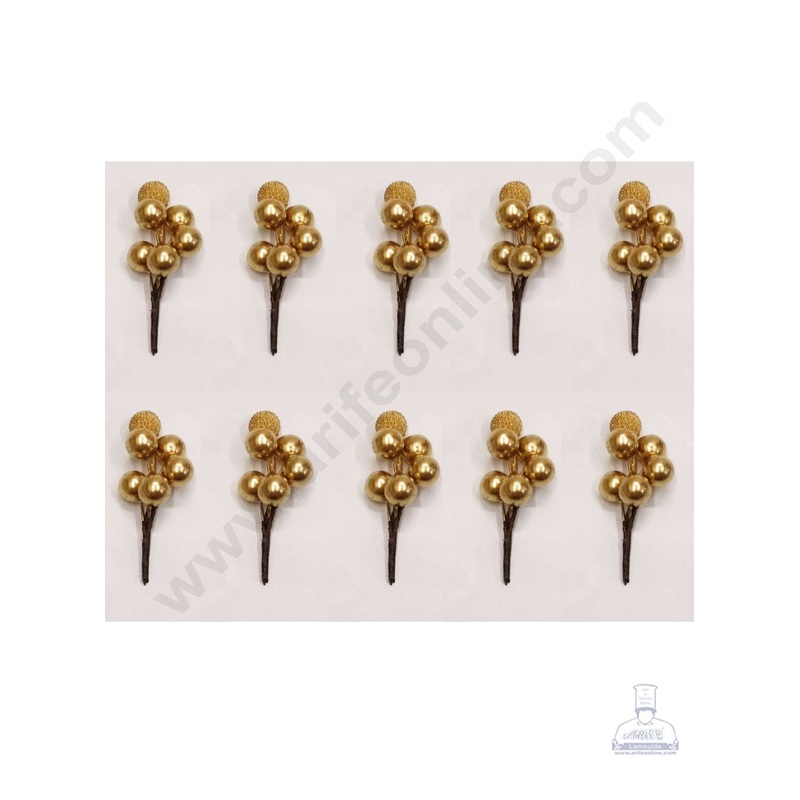 Cake Decor  Mini Ball Bunch Artificial Flower For Cake Decoration  Gold( 10 pc pack )