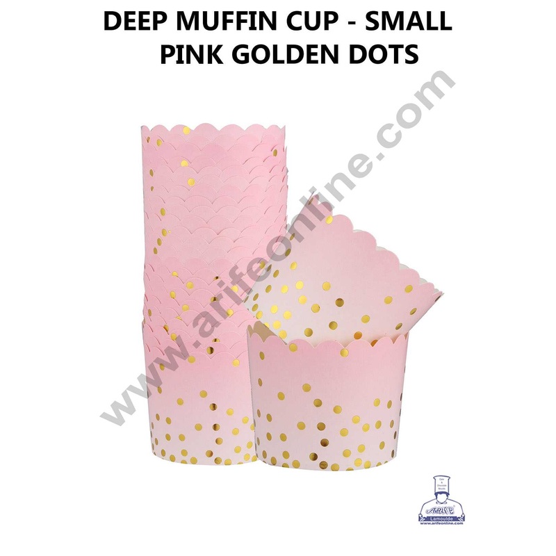 CAKE DECOR Small Pink White with Golden Dots Deep Muffin Cupcake Liners (50Pcs Pack)
