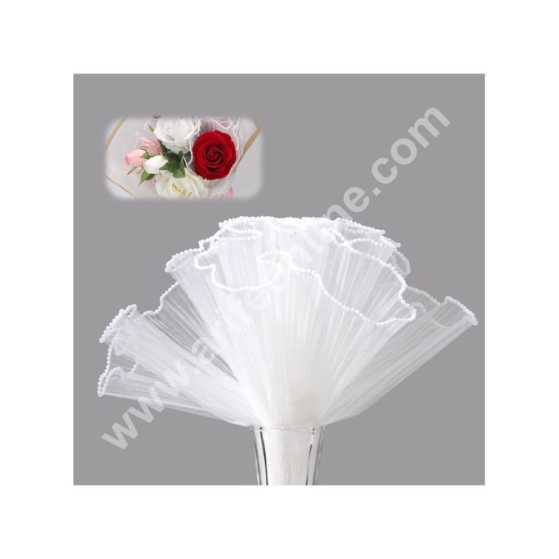 CAKE DECOR White Flower Wrapping Mesh | Pearl Edge Wrinkled Wavy Net Flower Wrapping Bouquet Paper
