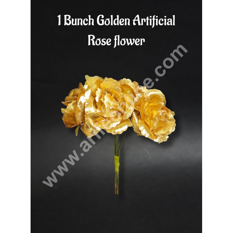 CAKE DECOR1 Bunch Golden Rose Artificial Flower For Cake Decoration  Gold