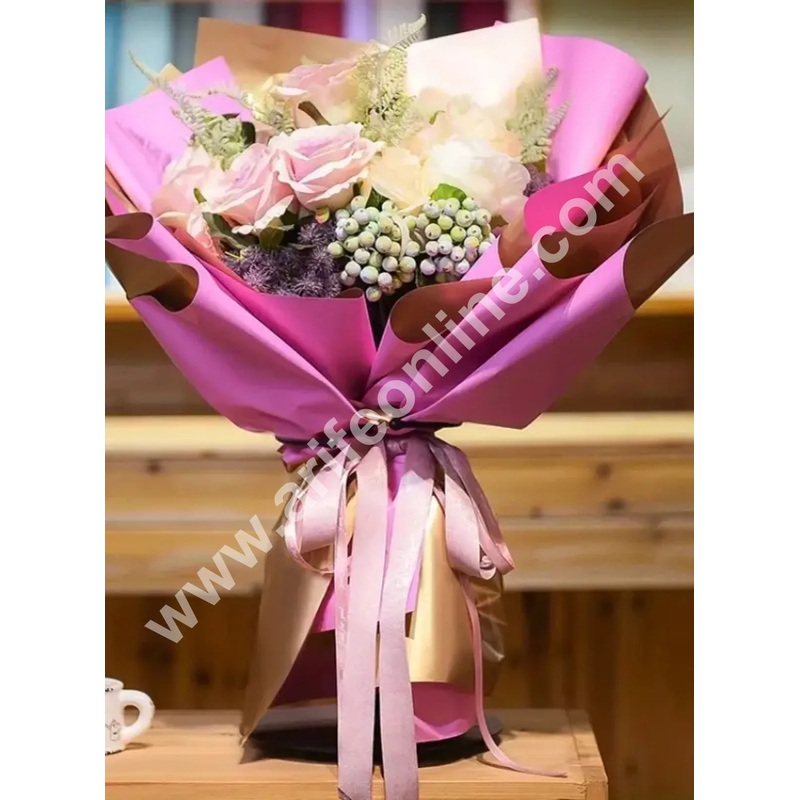 Korean Bouquet Wrapping Sheets  | Premium Flower Wrapping Paper With One Side Gold Sheet (Pink & Golden) - CAKE DECOR