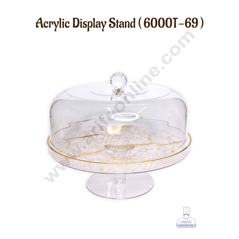 CAKE DECOR Transparent Acrylic Round Cake Plate with Golden Marble Pattern with Crystal Style Knob | Display Cake Stand - (6000T-69)