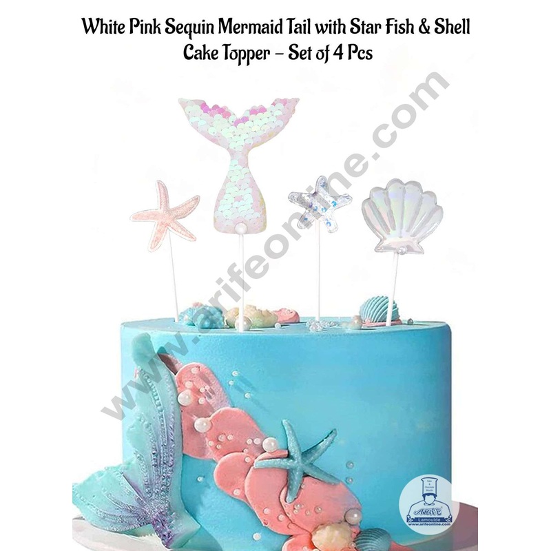 CAKE DECOR White Pink Sequin Mermaid Tail with Star Fish & Shell Cake Topper - Set of 4 Pcs (SB-SMT-4WP)