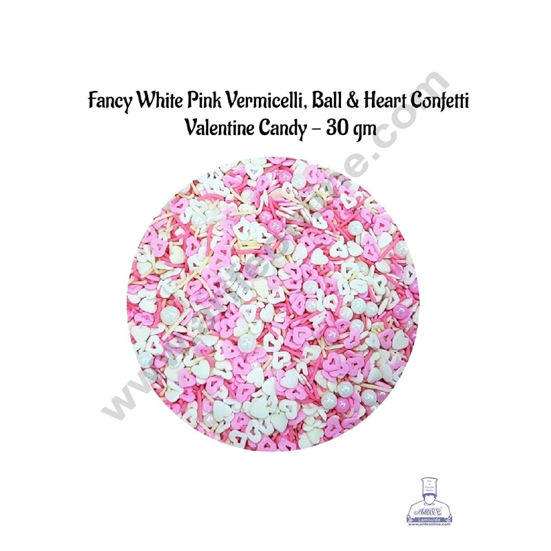 CAKE DECOR Sugar Candy - Fancy Sprinkles White Pink Vermicelli Ball and Heart Confetti Valentine - 30 gm