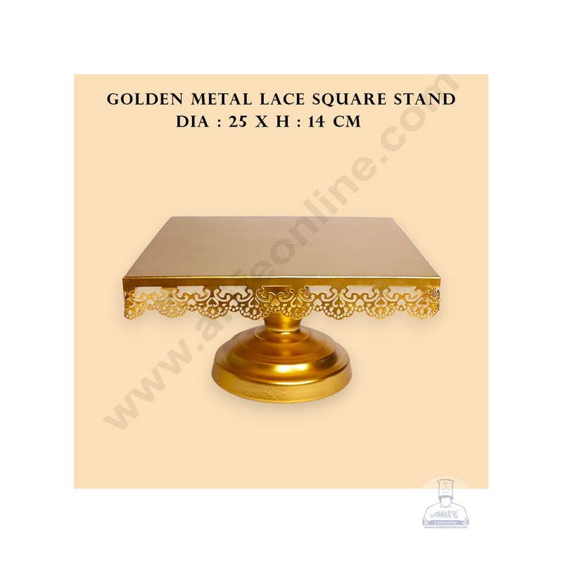 CAKE DECOR Square Gold Metal Cake Stand with Lace Border | Dessert Stand | Cupcake Stand