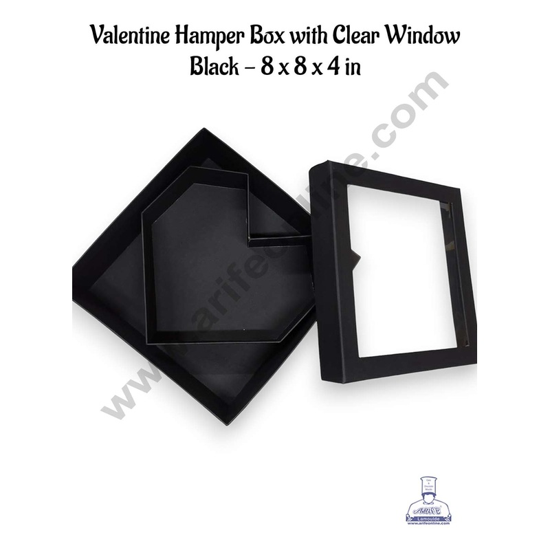 CAKE DECOR Valentine Hamper Box with Clear Window | Gift Box | Heart Shape Box | Present Box - Black (8 x 4 in)