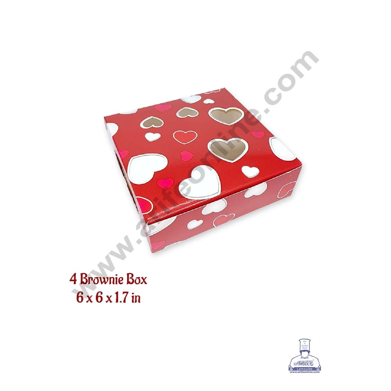 CAKE DECOR Valentine's Theme 4 Cavity Brownie Boxes with Heart Cutout Window  Heart Print ( 10 Pcs Pack )