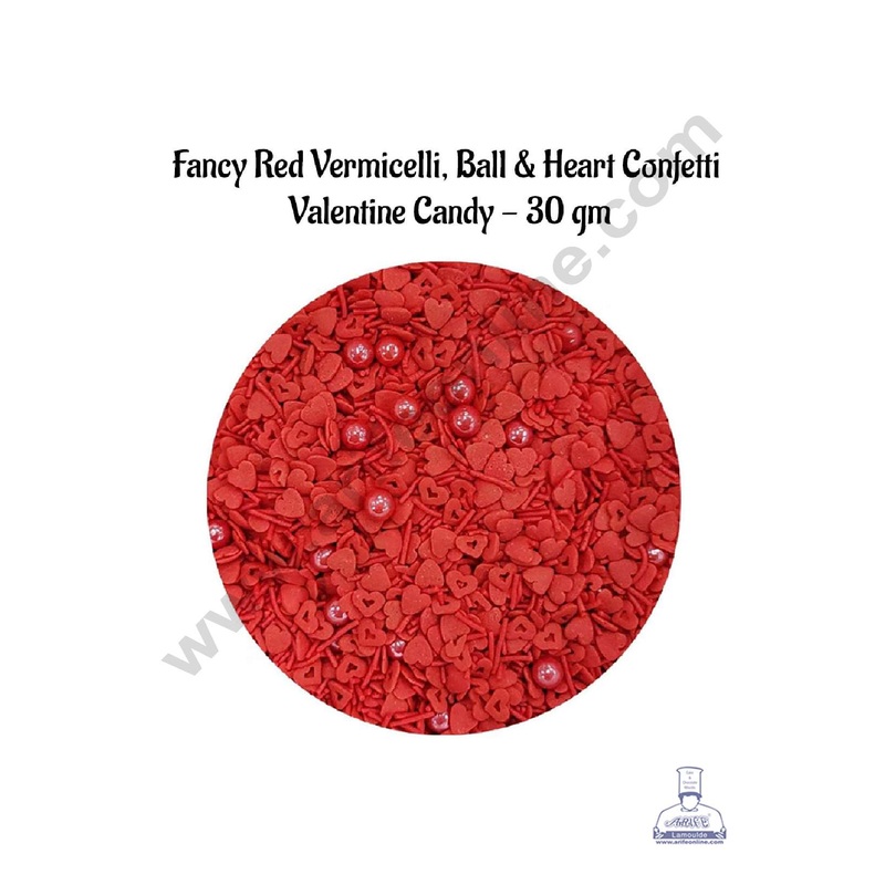 CAKE DECOR Sugar Candy  - Fancy Sprinkles Red Vermicelli Red Ball and Heart Confetti Valentine Sprinkles and Candy - 30 gm