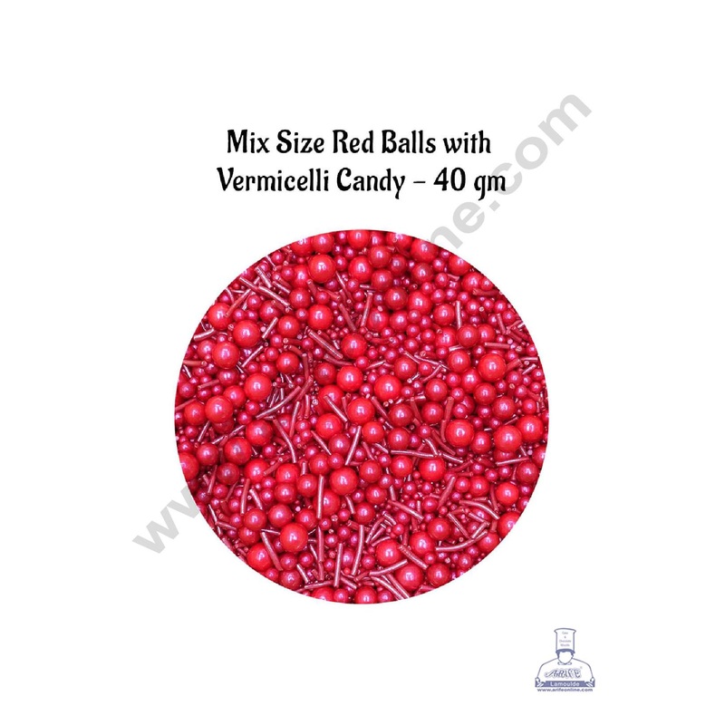 CAKE DECOR Sugar Candy  Mix Size Red Balls with Vermicelli Candy  40 gm