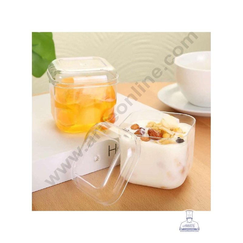 CAKE DECOR  Transparent Square Dessert Tub with Curved Corners & Lid | Ideal for Pudding, Parfait, and Mousse (1 Piece)