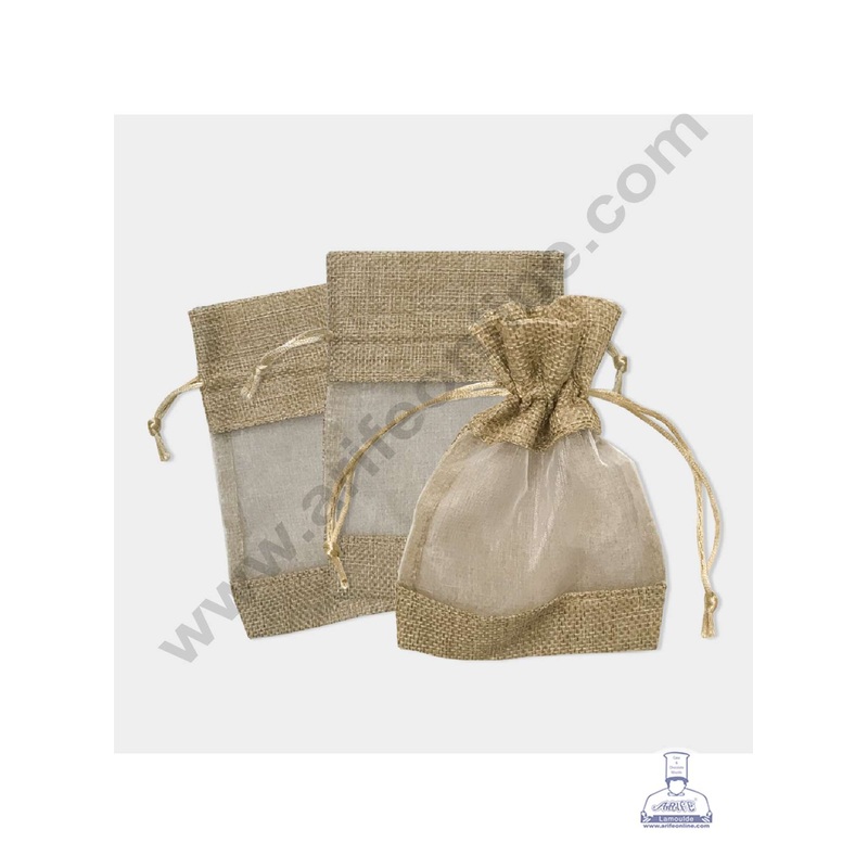 CAKE DECOR Small Light Natural Color Jute Potli Pouch with Drawstring & Transparent Organza Window | Jute Sack | Gift Pouch | Gift Bags - 12 Pcs Pack