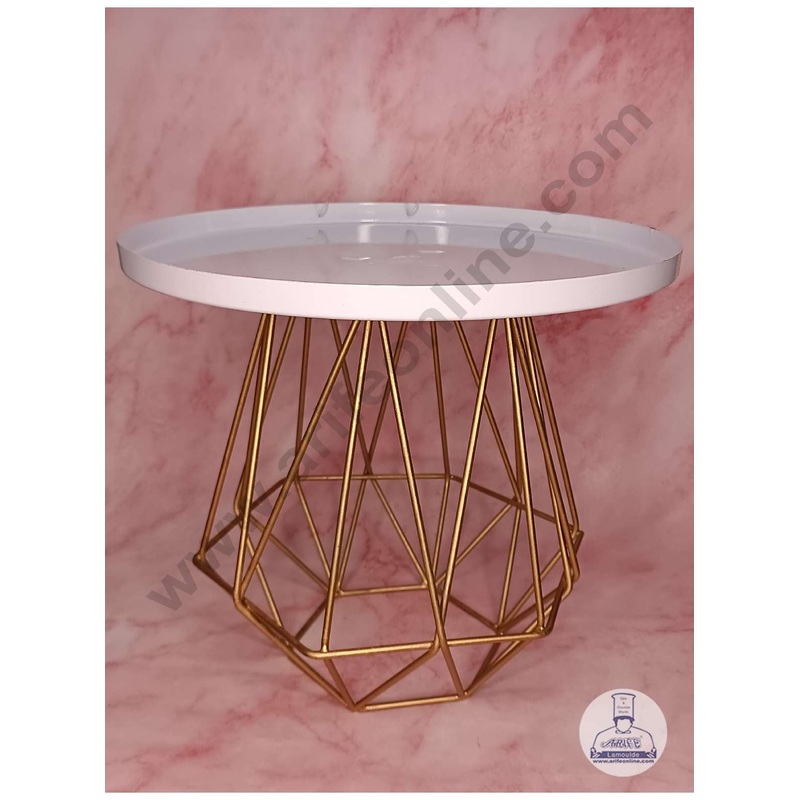 CAKE DECOR White Metal Plate With Geometric Style Golden Metal Rod Cake Stand ( SBSCS-002 )