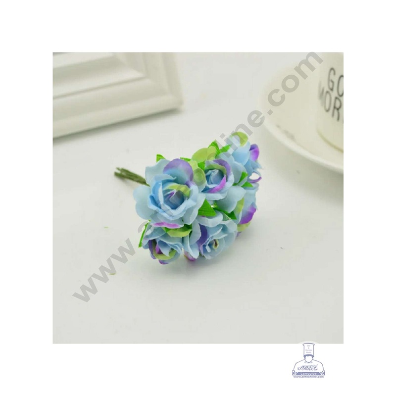Cake Decor  6 Pcs Mini Rose Bunch  Light Blue Multi