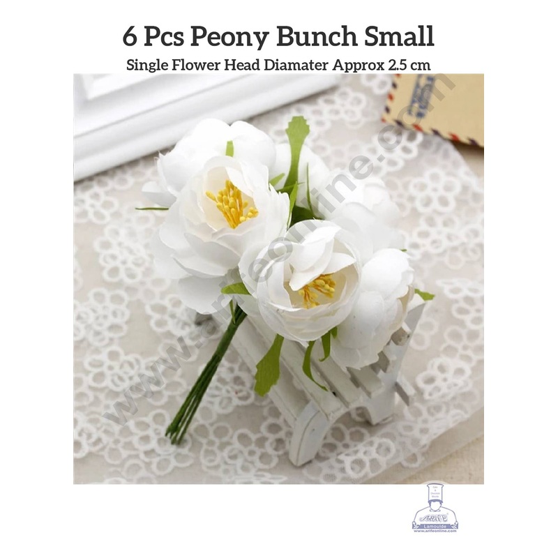 CAKE DECOR  Small Peony Artificial Flower Bunch For Cake Decoration  White ( 6 pc pack )