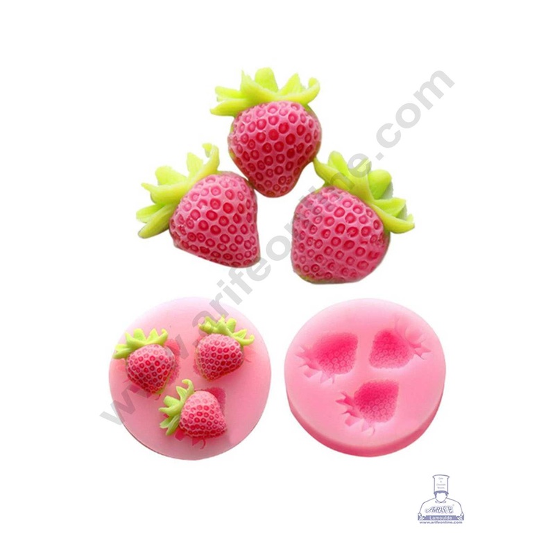 CAKE DECOR Silicone 3 Cavity Mini Strawberry Shape Pink Fondant Marzipan Mould