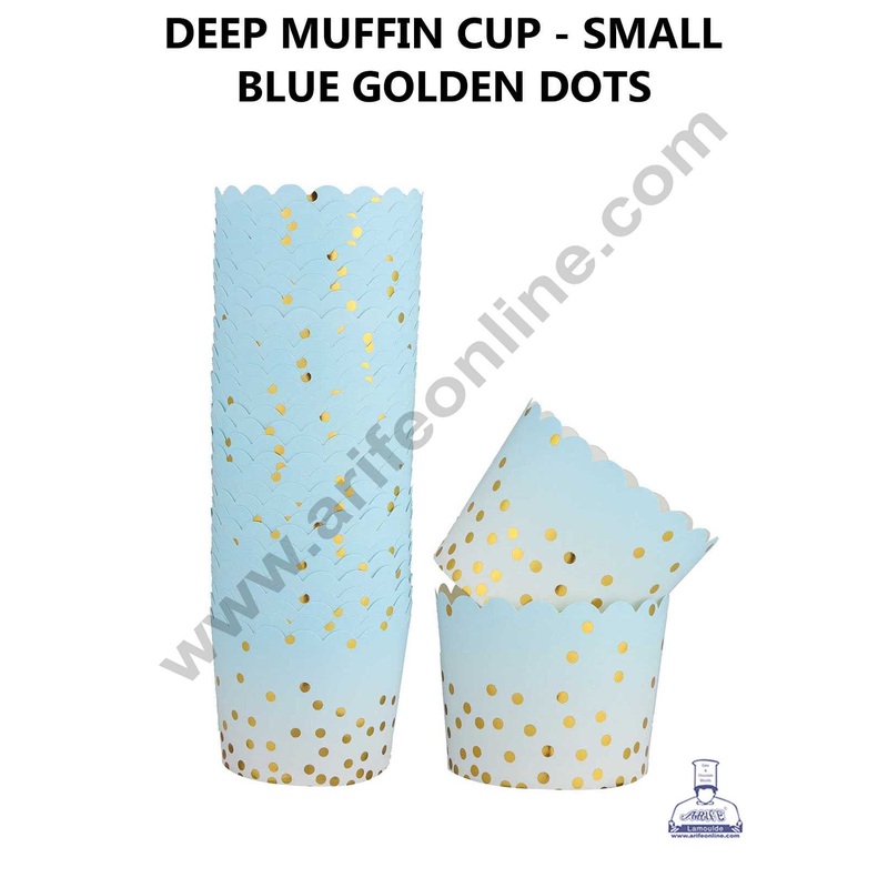 CAKE DECOR Small Blue White with Golden Dots Deep Muffin Cupcake Liners (50Pcs Pack)