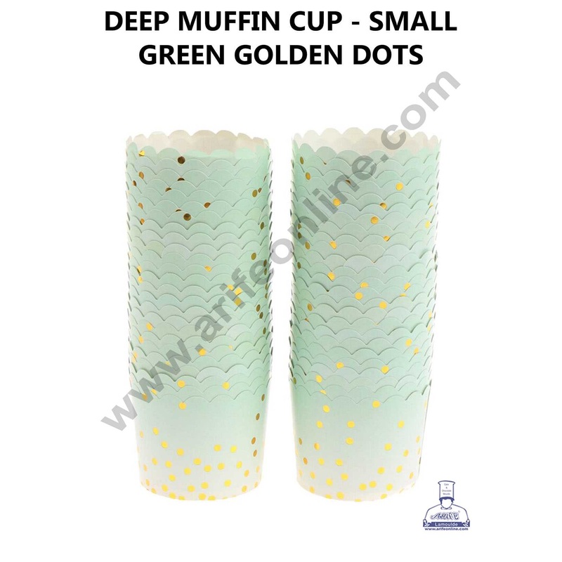 CAKE DECOR Small Green White with Golden Dots Deep Muffin Cupcake Liners (50Pcs Pack)
