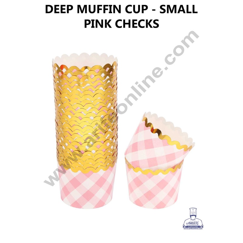 CAKE DECOR Small Pink White Checks with Golden Border Deep Muffin Cupcake Liners (50Pcs Pack)