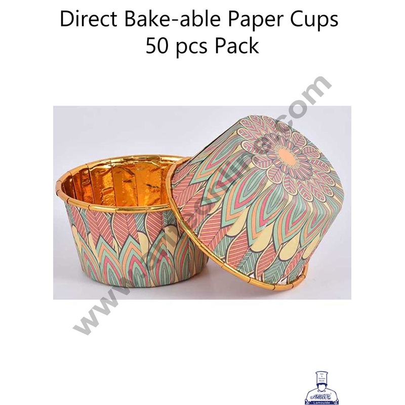 CAKE DECOR Traditional Design Golden Foil Coated Direct Bake-able Paper Muffin Cups - Design 2 (50 Pcs)