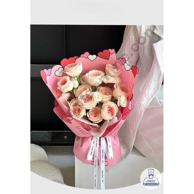 Happy Heart Border Paper Korean Sheet for Flower Bouquet | Premium Flower Wrapping Paper (Pink) - CAKE DECOR