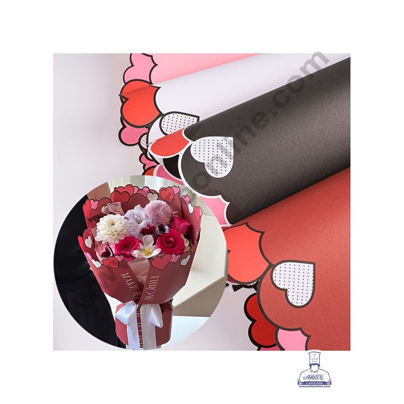 Happy Heart Border Paper Korean Sheet for Flower Bouquet | Premium Flower Wrapping Paper (Red) - CAKE DECOR