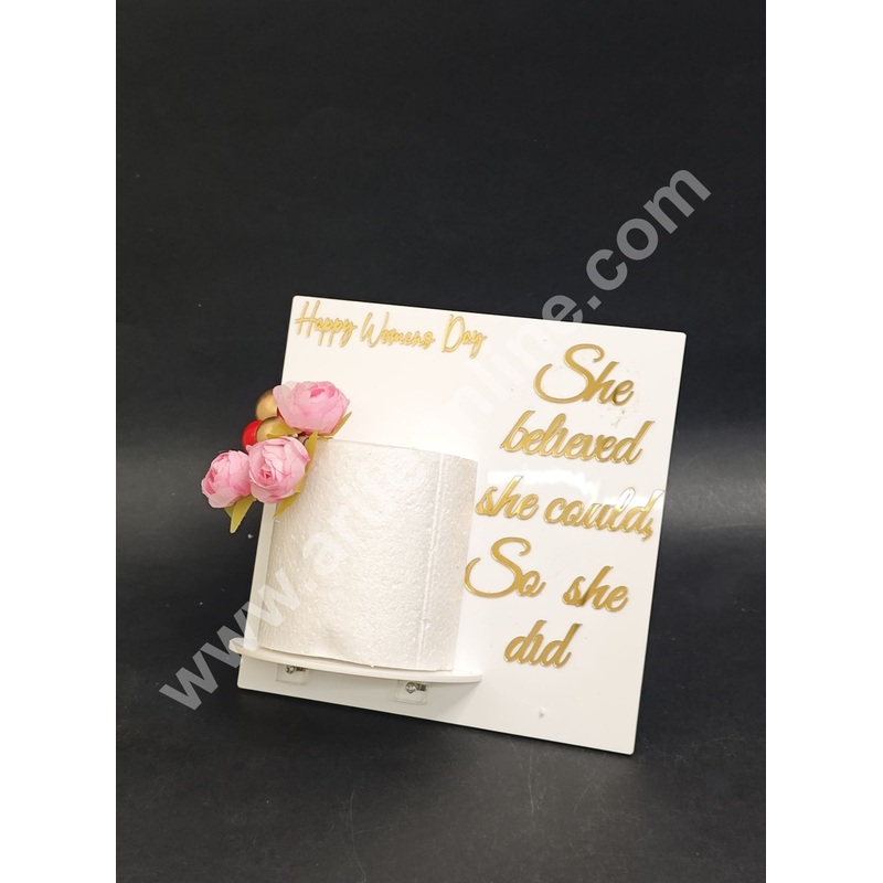 Happy Women's Day Acrylic Cake Frame | White Cake Display Stand with Inspiring Quote | Elegant Cake Presentation Board - CAKE DECOR