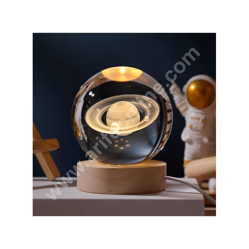 3D Saturn Crystal Ball Night Lamp | USB Table LED with Wooden Stand  | Cake Decoration