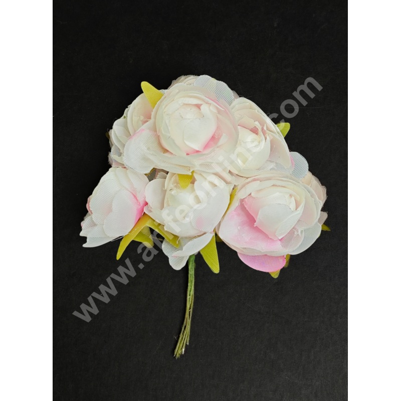 CAKE DECOR  Small Peony Artificial Flower Bunch For Cake Decoration White & Pink ( 6 pc pack )