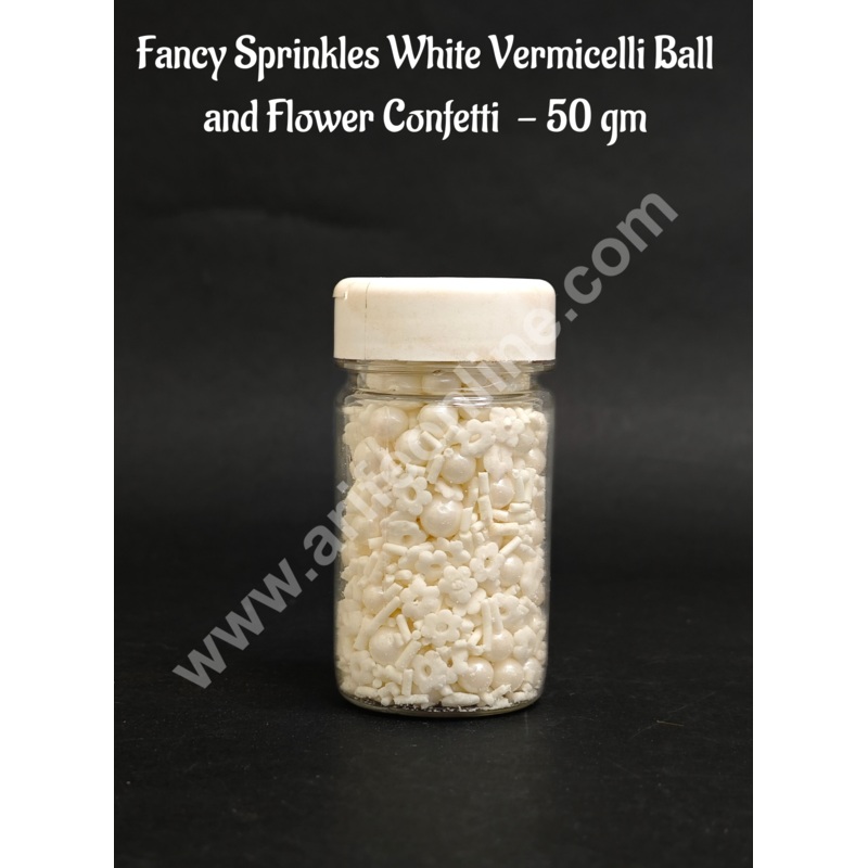 Cake Decor Sugar Candy - Fancy Sprinkles White off White Vermicelli Ball and Flower Confetti - 50gm