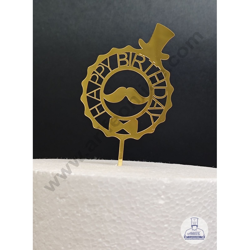 Gold Acrylic Finishing Cake Topper Happy Birthday Mustache Hat Cake Topper - Cake Decor