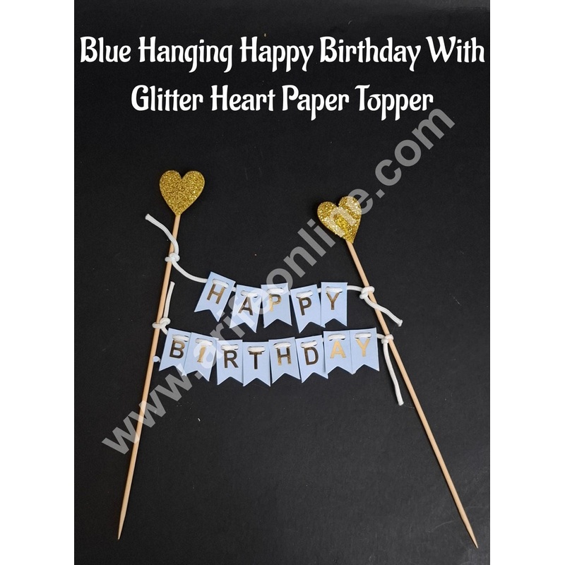 Blue Hanging Happy Birthday With Glitter Heart Paper Topper For Cake( 1pc ) CAKE DECOR