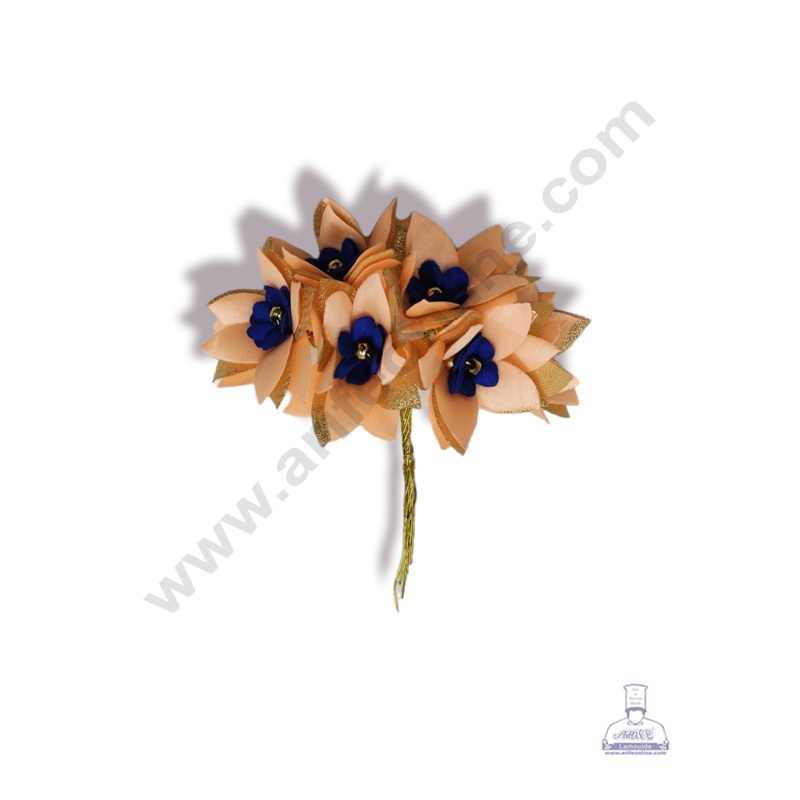 Cake Decor  5 Petal Star Flower With Gold Bead Bunch of 6 Pcs  Blue Peach & Golden Petal