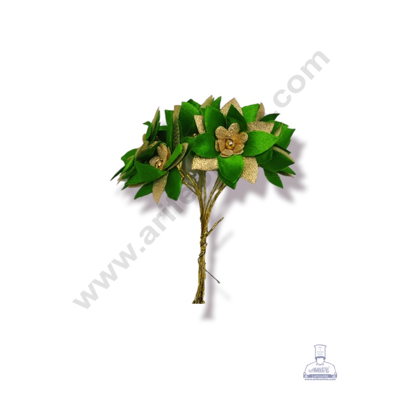 Cake Decor  5 Petal Star Flower With Gold Bead Bunch of 6 Pcs  Leaf Green & Golden Petal