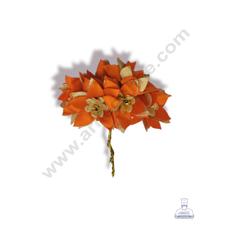 Cake Decor  5 Petal Star Flower With Gold Bead Bunch of 6 Pcs  Orange & Golden Petal