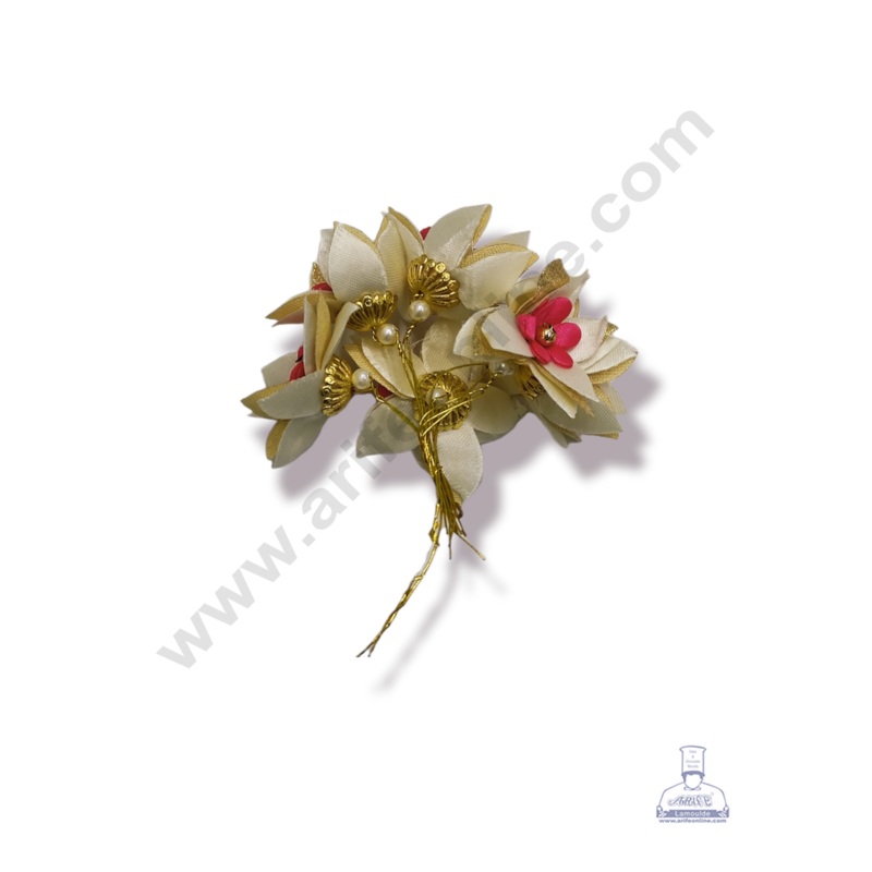 Cake Decor  5 Petal Star Flower With Gold Bead Bunch of 6 Pcs  Pink White & Golden Petal